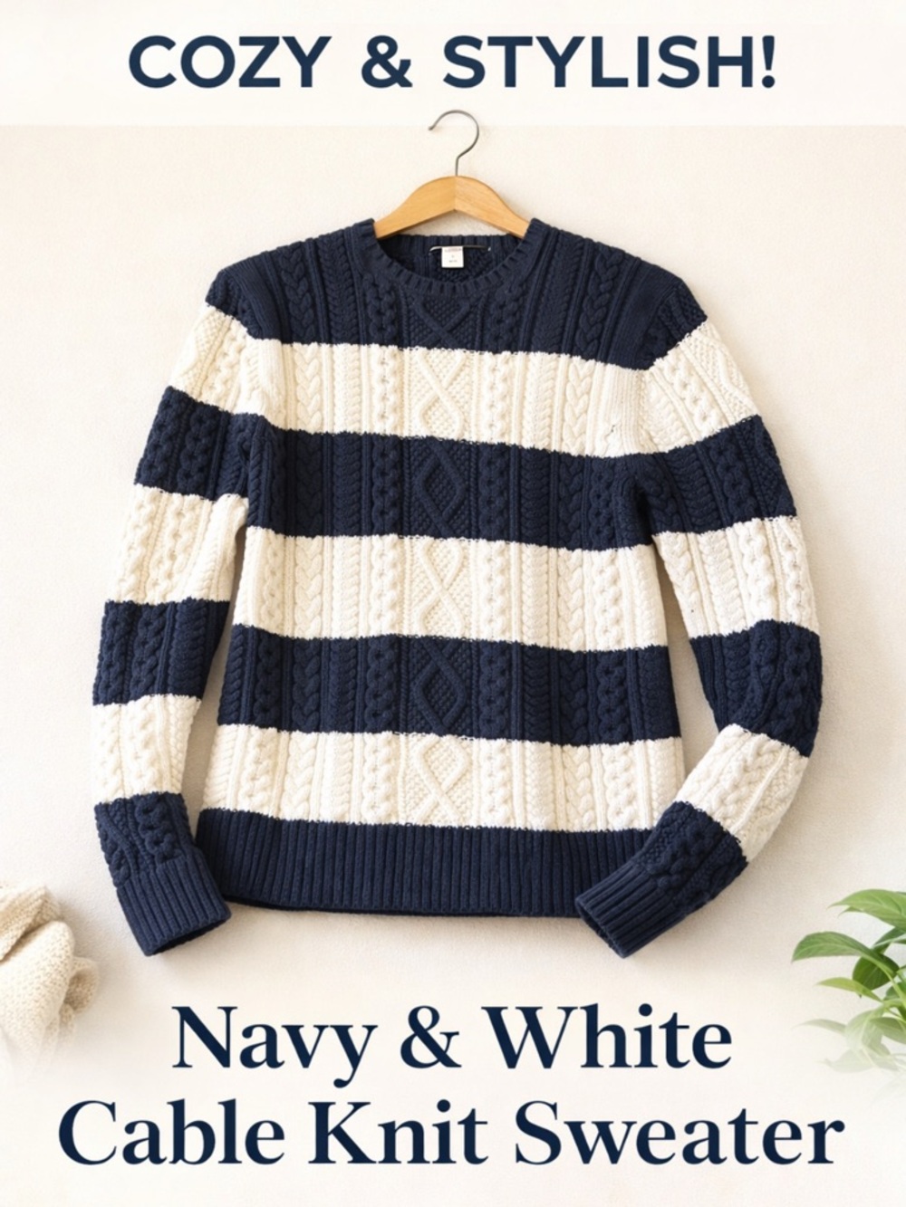 Amazon Essentials navy and White Crewneck Sweater with Cable Knit